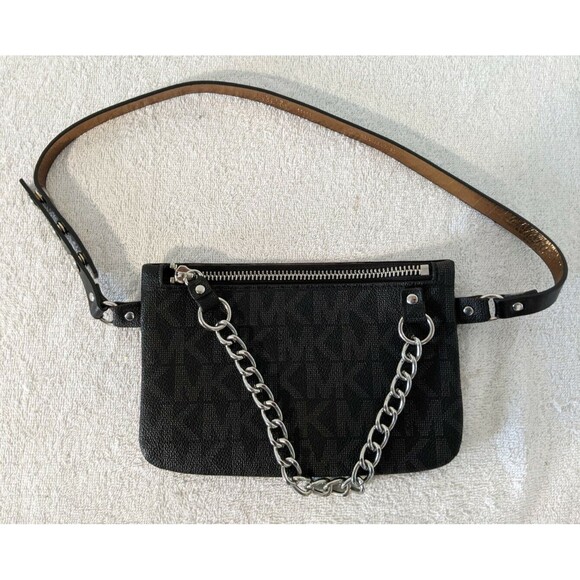 Michael Kors MK Leather Fanny Pack Belt w/ Pull Chain Black Purse Bag 554131 - Picture 1 of 4